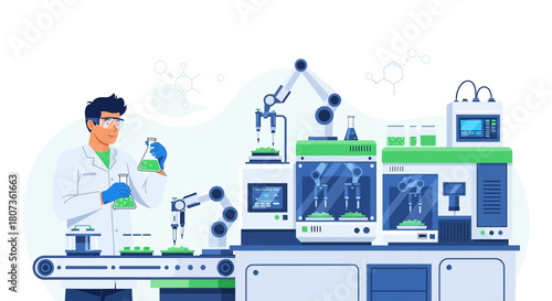 Automated scientific research laboratory with robotic arms and researcher performing analysis on