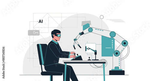 Automation engineer operating robotic arm using advanced interface in futuristic setup