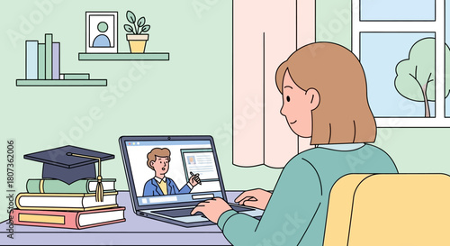 Illustration of a young woman attending an online class with a laptop and books at home learning