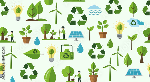 Seamless pattern with environmental icons representing sustainability and green energy initiatives