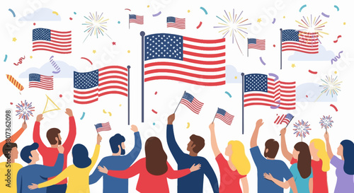 Patriotic celebration with people waving american flags and fireworks in the background for