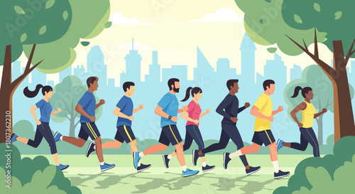 Group of Diverse People Running in the Park for Health and Fitness Illustration