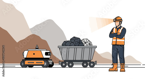 Conceptual illustration of a miner with an autonomous robot in a modern mining operation using