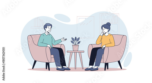 Illustration depicting a therapy session with a man and a woman discussing in armchairs