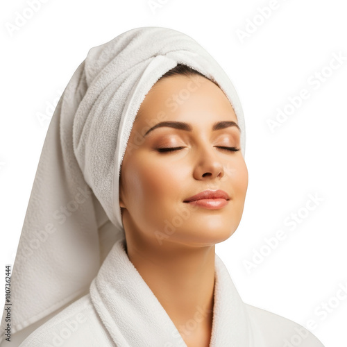 Woman with towel on head and robe isolated on transparent background