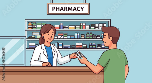 Cartoon illustration of pharmacist serving a customer in a pharmacy offering medicine and health