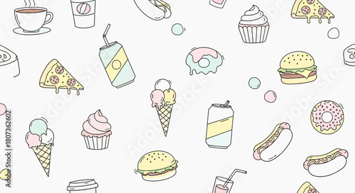 Seamless pattern with hand-drawn food and drink elements offering a playful design and trendy