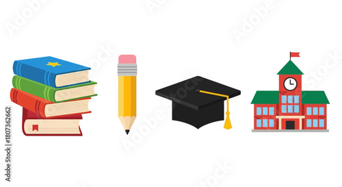 Illustration depicting academic elements like books pencil graduation cap and school building
