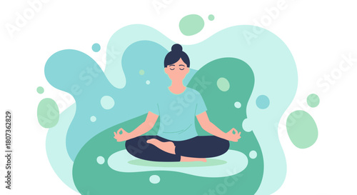 Illustration of a serene woman meditating in a lotus position surrounded by calming colors