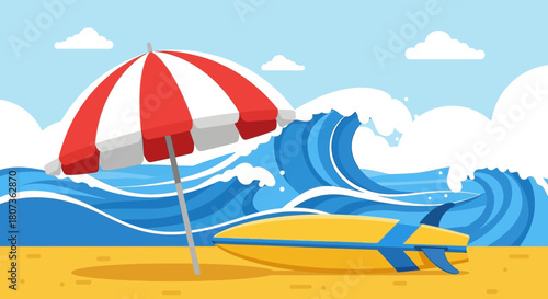 Cartoon illustration of a vibrant beach scene with surfboard, waves, and umbrella