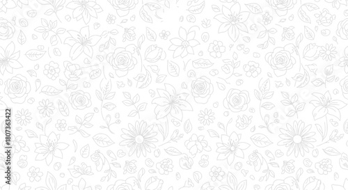 Delicate floral pattern with roses, lilies, and daisies in a light grey on white background