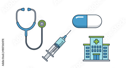 Medical illustration featuring stethoscope, syringe, capsule pill, and hospital building cartoon