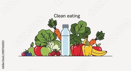Fresh and vibrant clean eating illustration showcasing a variety of healthy foods vegetables