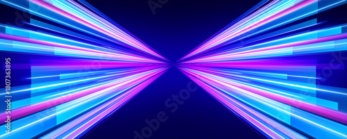 Rapid beams of blue and violet light stretch across a digital horizon. Curved shapes generate the illusion of high-velocity travel. Pulsing flares highlight a cyber-dynamic space.