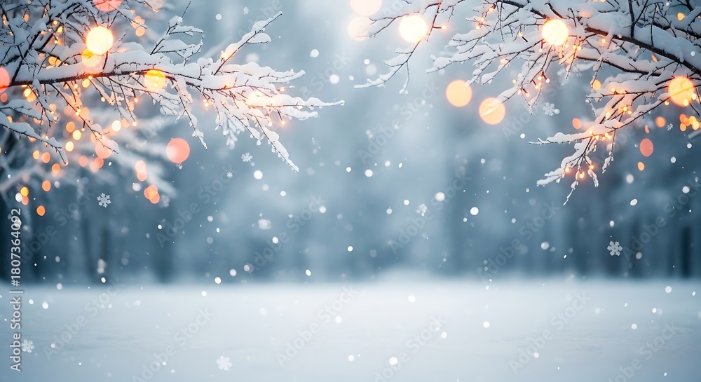 Naklejka premium Illustration of snowy winter wonderland with twinkling lights on branches in a forest scene