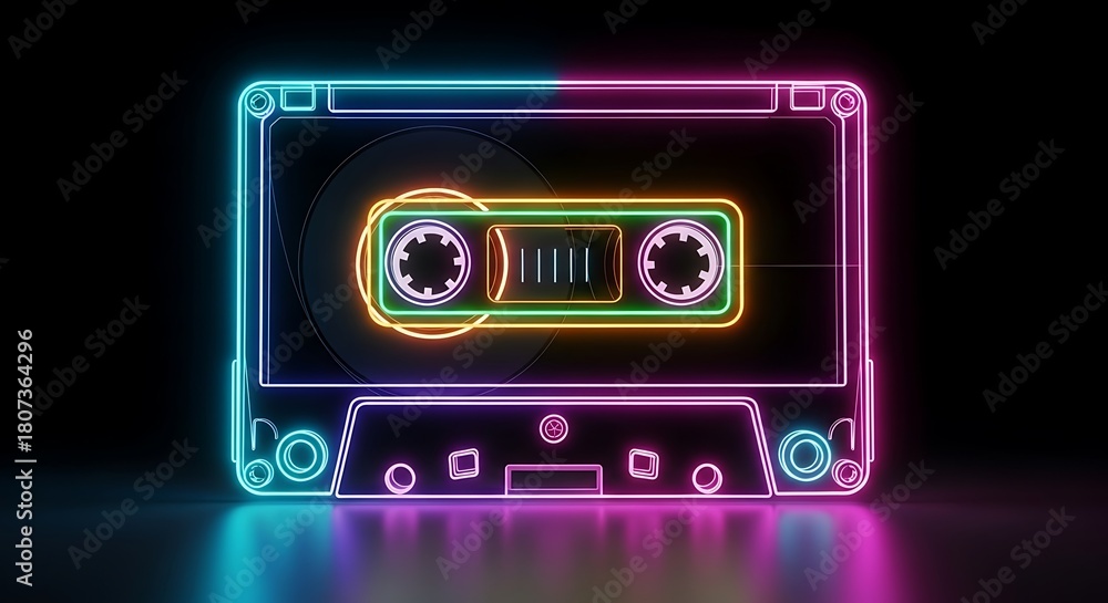 Fototapeta premium Illustration of retro audio cassette with neon glowing outlines on a dark background