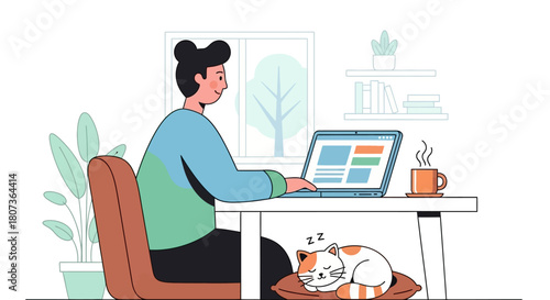 Illustration of a person working from home with their cat sleeping nearby on a pillow