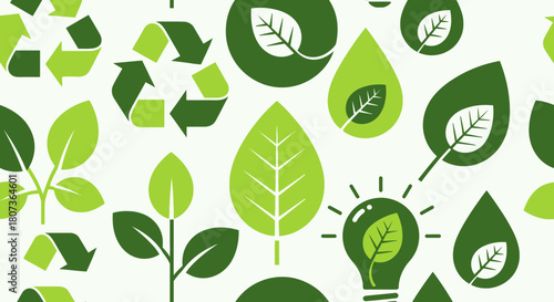Eco-Friendly Green Seamless Pattern with Leaves, Recycling Symbols and Light Bulbs