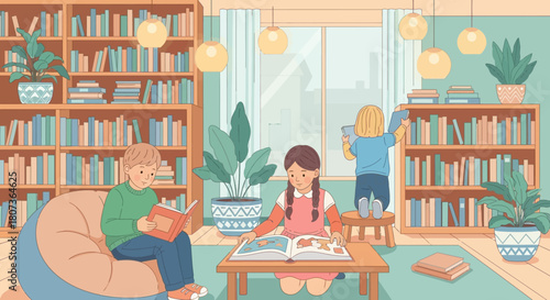 Children immersed in reading and learning in a cozy and inviting home library setting