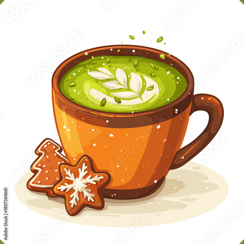 Vector illustration of a warm green matcha latte with ginger cookies, isolated on a white background. Vector illustration of winter beverage on a white background