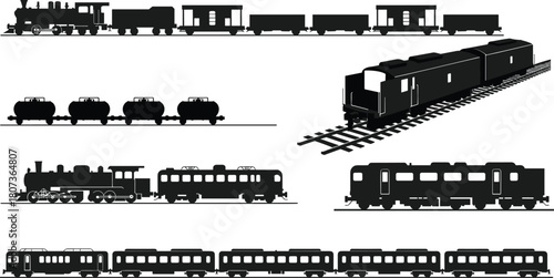 Train and railway silhouette set, locomotives, cargo wagons, passenger coaches, transportation icons for travel, logistics, industry, freight, and rail infrastructure