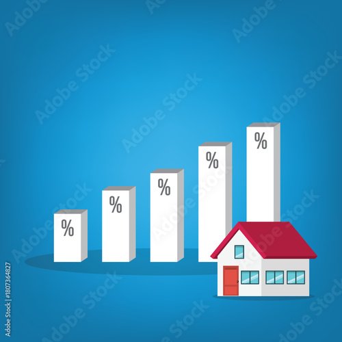 Increasing interest rates. Percentage symbols on increasing high charts bars of next to a house.	
