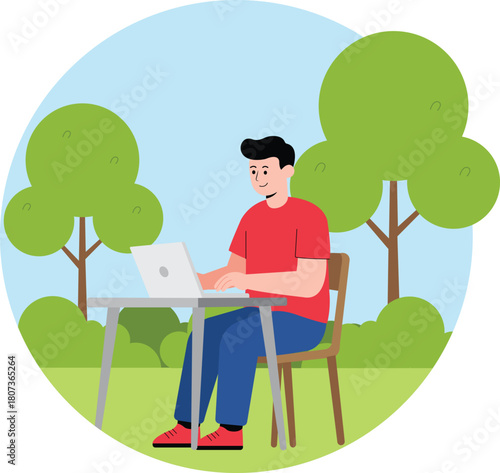 Young Person Working Outdoors Under A Tree Using A Laptop Computer With Nature