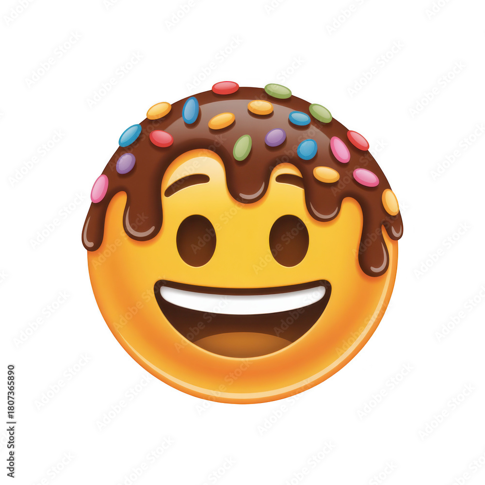 Fototapeta premium Yellow emoji face with melting chocolate and colorful sprinkles transparent background happy smiling