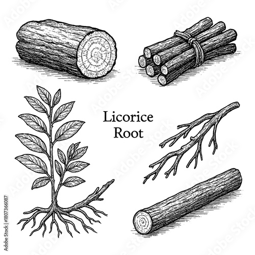 Licorice Root Sticks, Plant, and Herbal Details in Vintage Engraving Style, Transparent Background