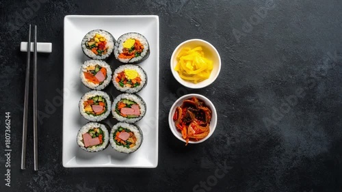 Top View of Korean Gimbap with Side Dishes on Black Background