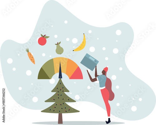 Woman and obese chart scales.Cartoon person on diet trying weight control with BMI.life and employment of people.