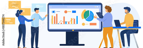 Team analyzing business data analytics and financial charts on large digital dashboard monitor in modern office environment flat vector illustration
