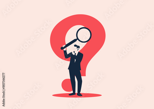 Business man holding magnifying glass examining large red question mark symbolizing problem solving analysis and challenge overcoming concept in minimalist flat vector style