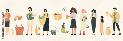 Diverse group people practicing zero waste lifestyle using reusable bags separating waste compost plants fruits sustainable eco friendly habits flat vector illustration