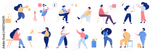 Flat minimalist vector illustration of diverse business people working reading planning discussing goals and strategy in casual outfits isolated