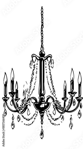 Elegant vintage crystal chandelier black and white outline with candle lights hanging chain decorative classic interior lighting design sketch vector illustration