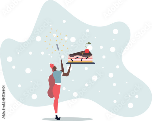 Unhealthy food nutrition. Weight loss diet, balanced healthy products.young woman with a piece of cake.life and employment of people.