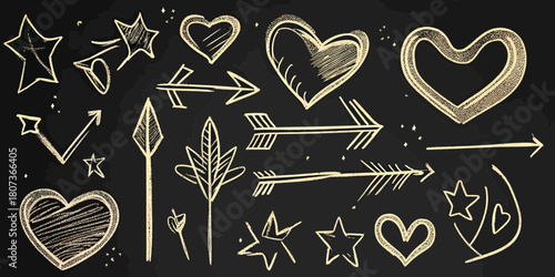 Hand drawn chalkboard style hearts arrows stars sparkle decorative sketch elements set for creative design and romantic themes in beige outline