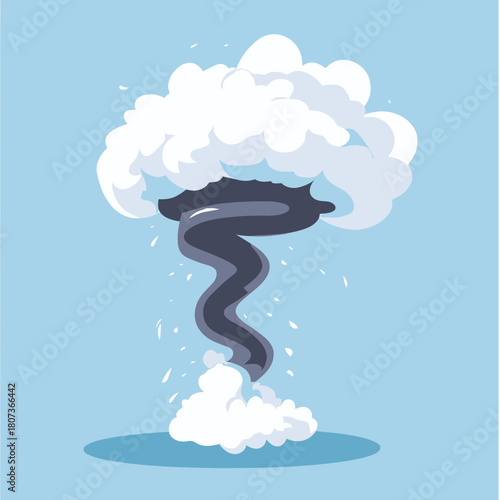 Cartoon style dark tornado funnel cloud swirling from ground dust to dense white storm clouds on clear blue sky background illustration vector
