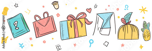 Hand drawn shopping bag gift box envelope gift wrap and pineapple doodle icons set with colorful accents vector illustration for sale discount and special offer design