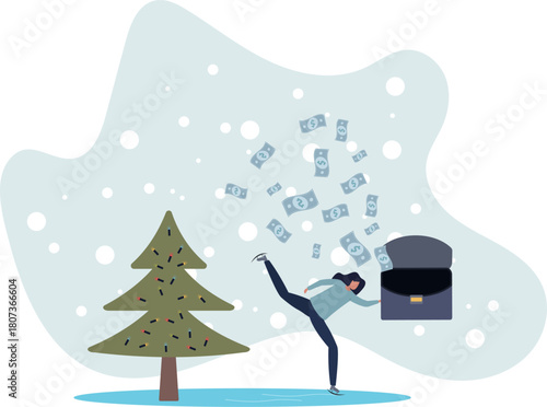 Money flies out of the briefcase of a businesswoman who is skating.