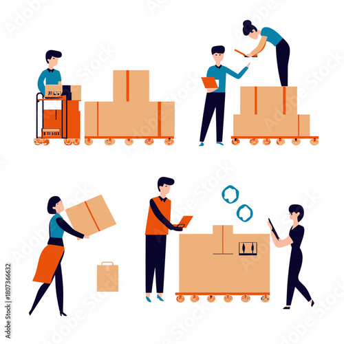 Vector illustration of logistics team handling packages inventory checking scanning barcode and teamwork coordination in warehouse environment flat design