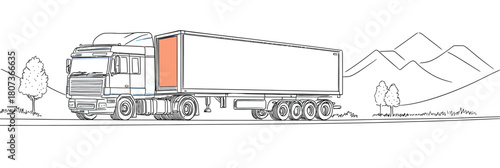 Long haul cargo truck with semi trailer driving on road near trees and mountains transport logistics freight delivery vehicle with container box outline illustration