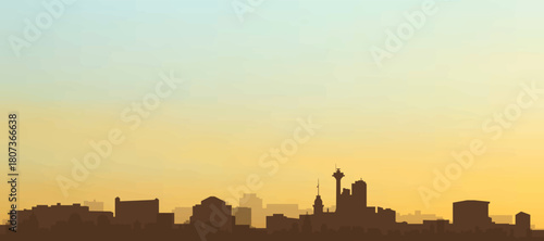 Panoramic poster of the city skyline with misty background buildings, hills sunrise, sunset and clouds of ISTANBUL, TURKEY