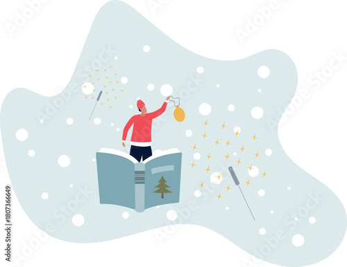 Christmas and New Year literature concept. Sparklers and falling snow in the background.