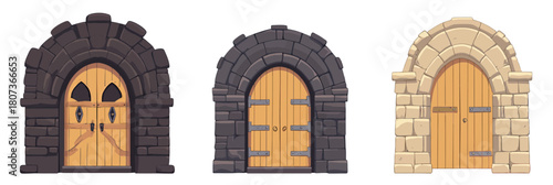 Medieval stone arch wooden doors set with iron hinges locks fantasy castle entrances isolated flat vector design elements for game buildings old kingdom gates