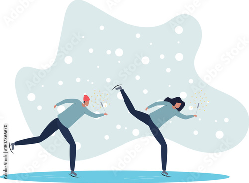 A man and a woman are skating on an ice rink. They light sparklers.