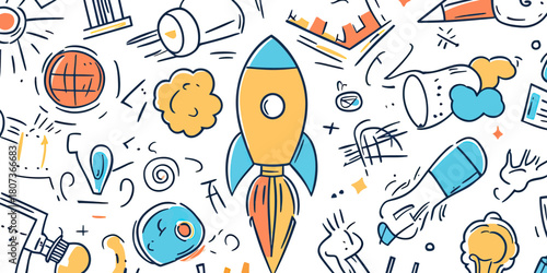 Hand drawn doodle rocket launching with light bulb gears arrows and various business innovation and creativity concept sketches in flat minimalist vector style