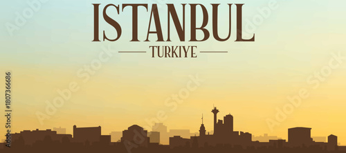 Panoramic poster of the city skyline with misty background buildings, hills sunrise, sunset and clouds of ISTANBUL, TURKEY