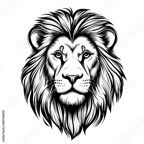 Intricate black and white lion head illustration with detailed mane and intense gaze animal wildlife artwork vector